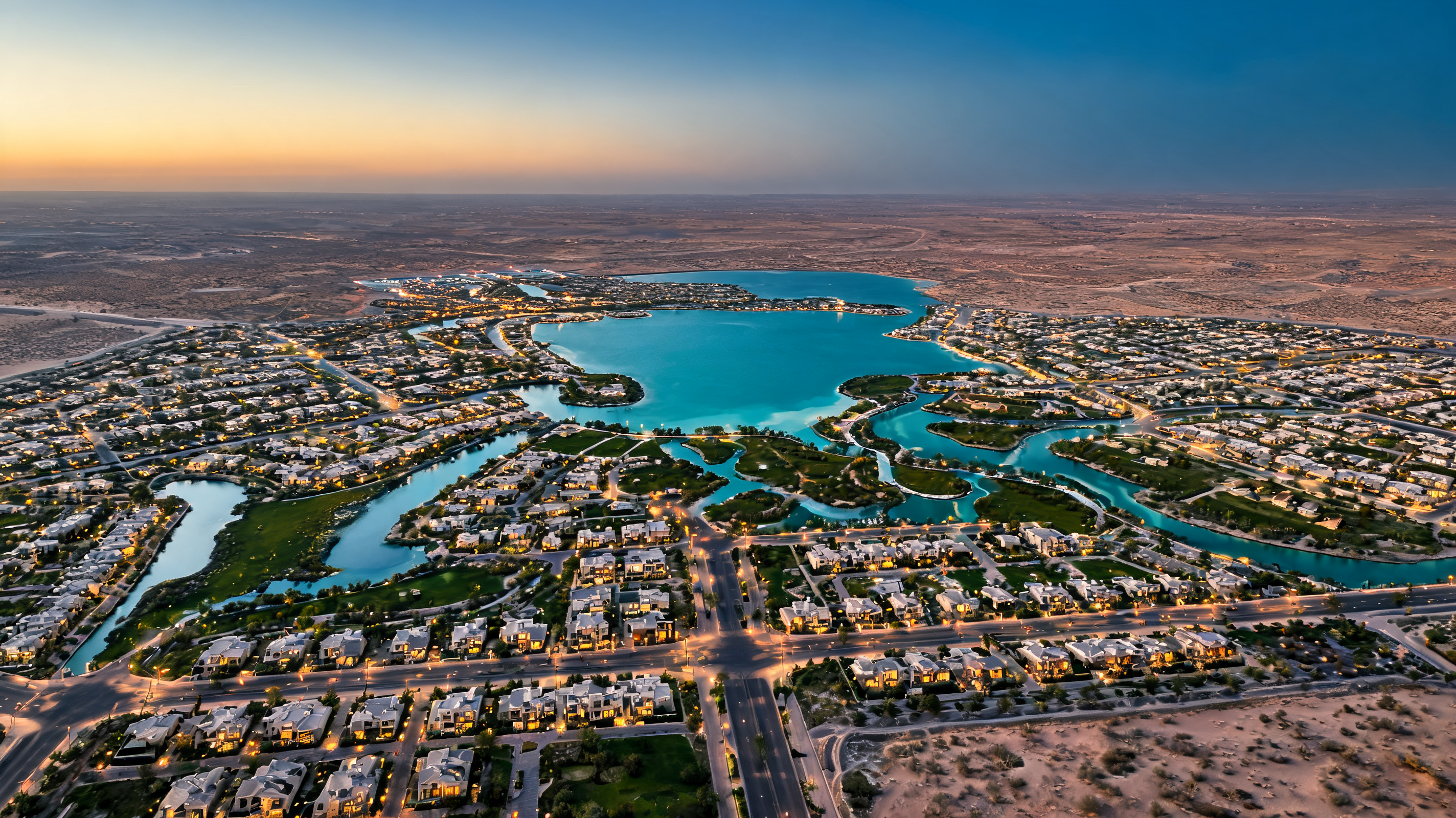 Aerial view of the Arabian Hills Estate masterplan at dusk