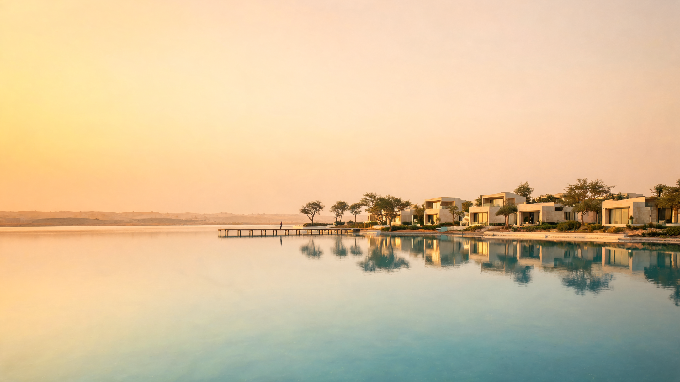 Lagoon at Arabian Hills Estate in golden evening light
