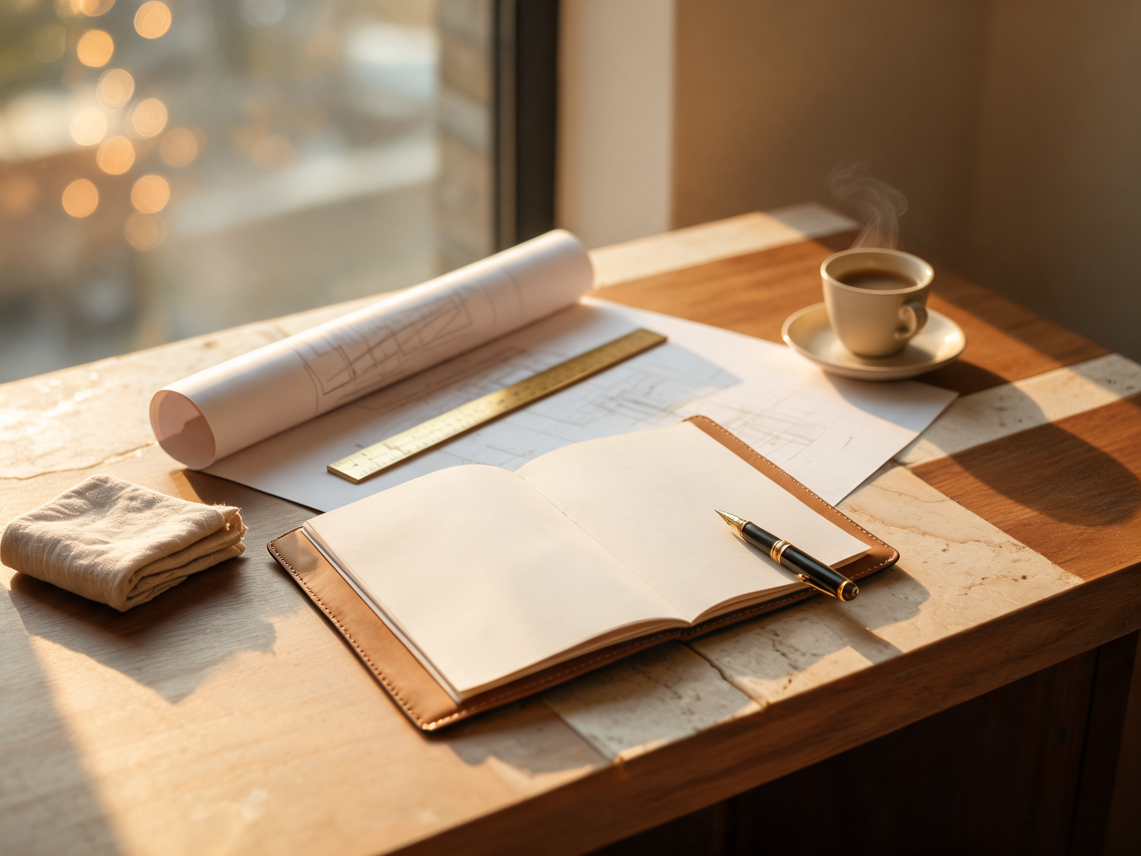 Architectural plans and refined stationery on a desk