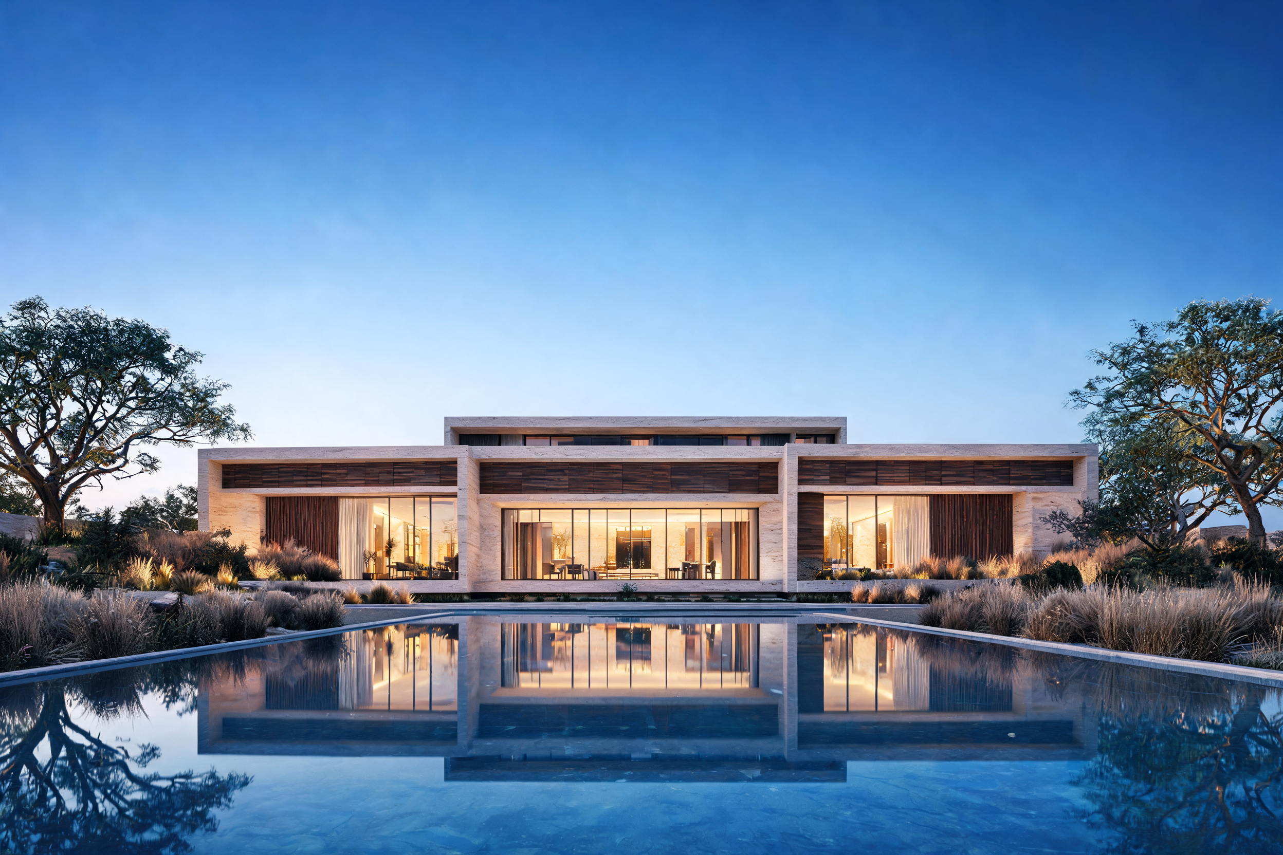 Contemporary villa at dusk