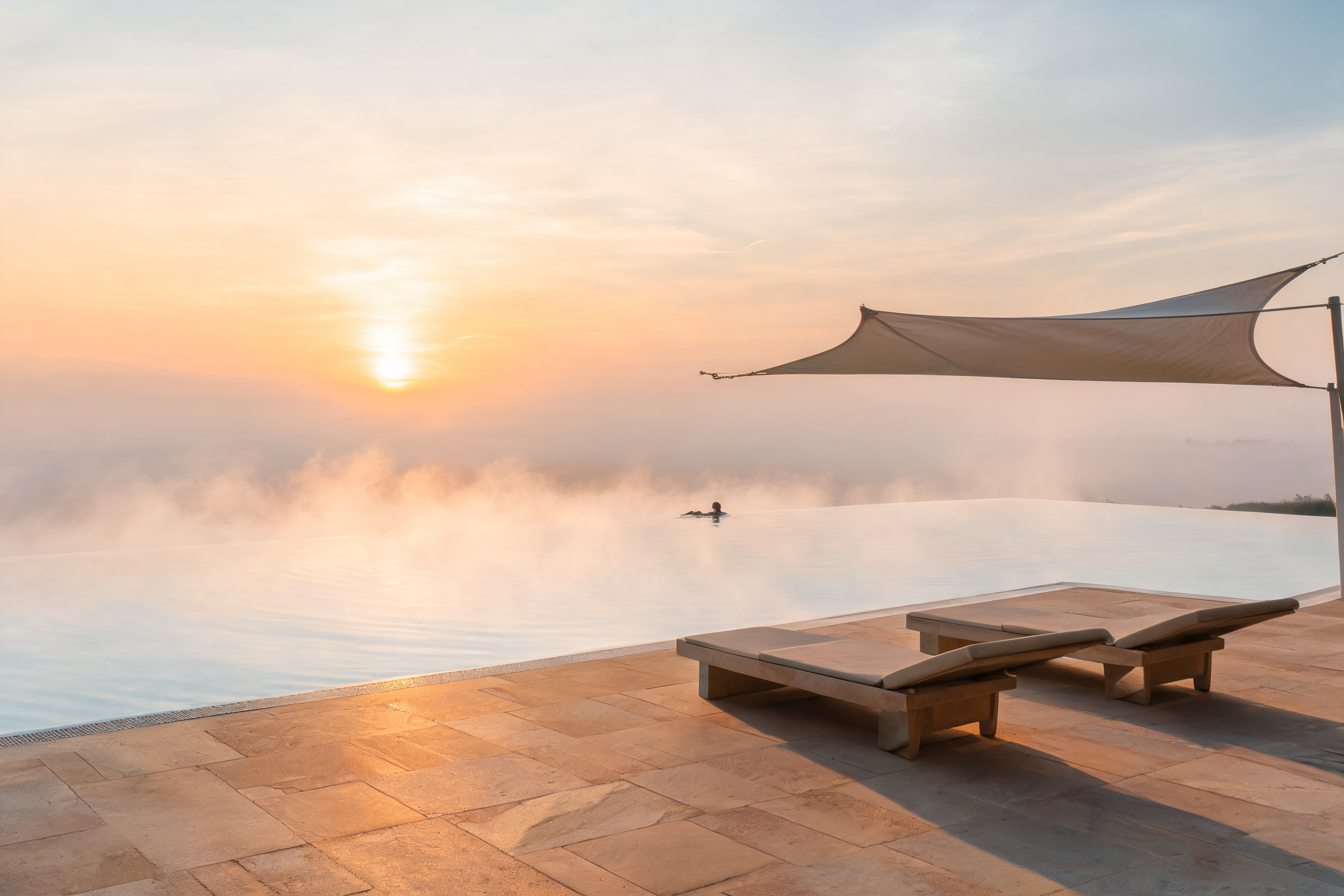 Serene pool and wellness landscape at sunrise